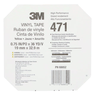 3M Vinyl Tape 471, Yellow, 3/4 in x 36 yd, 5.2 mil, 48 Roll/Case