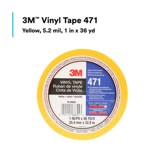 3M Vinyl Tape 471, Yellow, 1 in x 36 yd, 5.2 mil, 36 Roll/Case