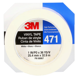 3M Vinyl Tape 471, White, 1 in x 36 yd, 5.2 mil, 36 Roll/Case