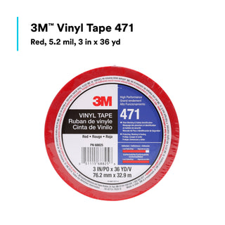 3M Vinyl Tape 471, Red, 3 in x 36 yd, 5.2 mil, 12 Roll/Case