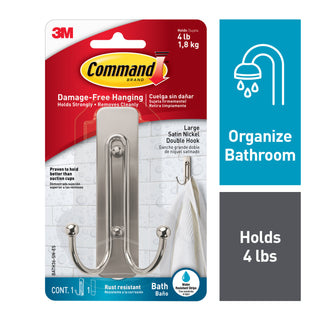 Command Large Double Bath Hook, Satin Nickel, BATH36-SN-ES