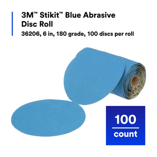 3M Stikit Blue Abrasive Disc Roll, 36206, 6 in, 180 grade, 100 discsper roll