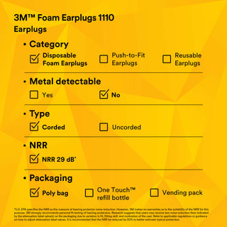 3M Foam Earplugs 1110, Corded