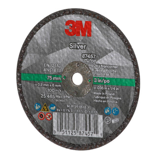 3M Silver Cut-Off Wheel, 87457, T1, 3 in x .035 in x 1/4 in