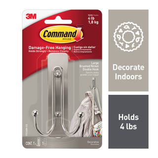 Command Large Brushed Nickel Double Hook, 17036BN-ES, 1 Hook, 1 Strip