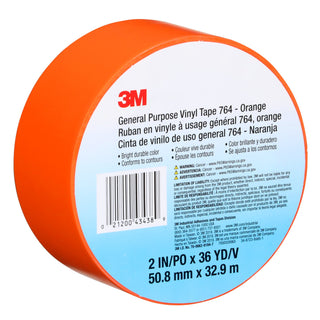 3M General Purpose Vinyl Tape 764, Orange, 3 in x 36 yd, 5 mil, 12 Roll/Case