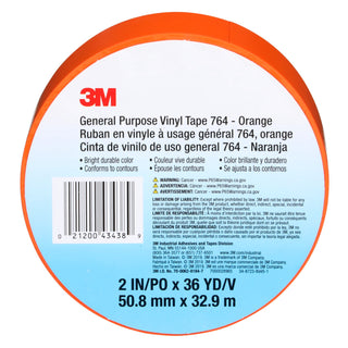 3M General Purpose Vinyl Tape 764, Orange, 3 in x 36 yd, 5 mil, 12 Roll/Case