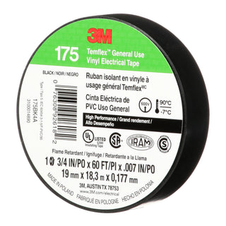 3M Temflex Vinyl Electrical Tape 175, Black, 3/4 in x 60 ft (19 mm x 18 m)