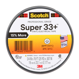 Scotch® Super 33+ Vinyl Electrical Tape, 3/4 in x 76 ft, 1 in Core,Black