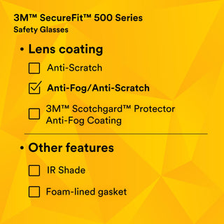 3M SecureFit 500 Series SF507AF-BLK, Black, IO Gray Anti-Fog/Anti-
Scratch Lens