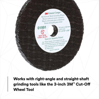 3M Green Corps Reinforced Weld Grinding Wheel 01991, 3 in x 0.22 in x
3/8 in