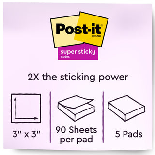 Post-it® Super Sticky Notes 654-5SSUC, 3 in x 3 in (76 mm x 76 mm)