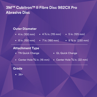 3M Cubitron II Fibre Disc 982CX Pro, 36+, TN Quick Change, 4-1/2 in,
Die TN450E