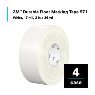 3M Durable Floor Marking Tape 971, White, 3 in x 36 yd, 17 mil, 4 Rolls/Case