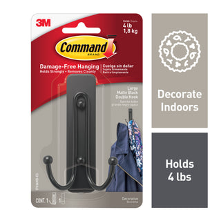 Command Large Matte Black Double Hook 17036MB-ES, 1 Hook, 1 Strip