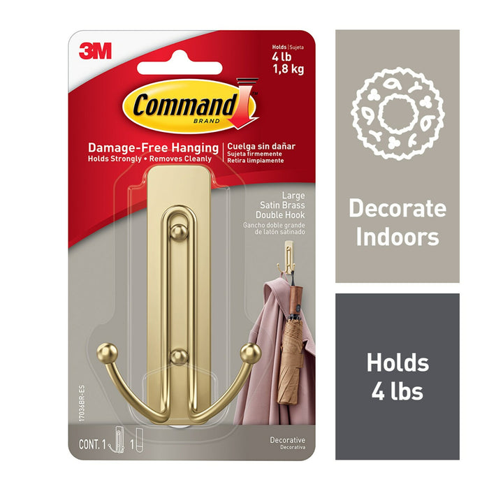 Command Large Satin Brass Double Hook 17036BR-ES, 1 Hook, 1 Strip