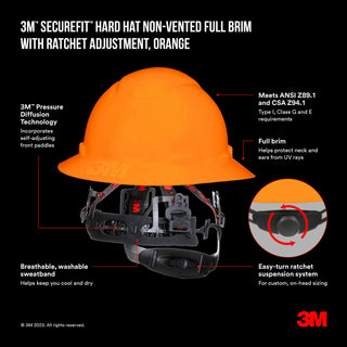 3M SecureFit Full Brim Hard Hat CHH-FB-R-O6-SL, with Ratchet Adjustment, Hi-Vis