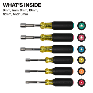 Klein Tools 65456MAGM Metric Magnetic Color-Coded Hollow-Shaft Heavy-Duty Nut Driver Set, 6 Pc.