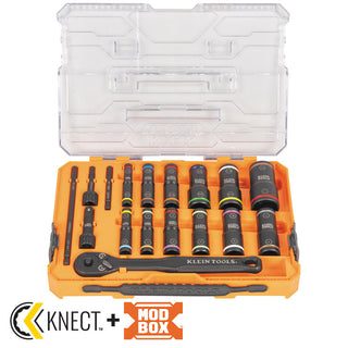 Klein Tools 65626 KNECT Flip-24 Deep-Well, Heavy-Duty Impact Socket Set, SAE & Metric, 18 Pc.