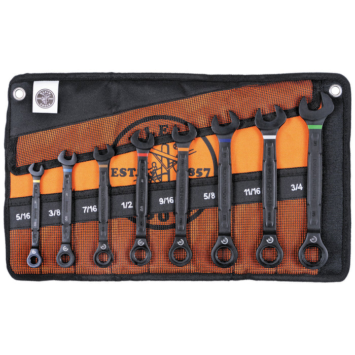 Klein Tools 69408G 90-Tooth Ratcheting Box Wrench Set, SAE, 8 Pc.
