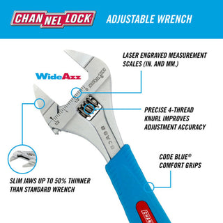 Channellock 8SWCB BULK 8-Inch CODE BLUE WideAzz Slim Jaw Adjustable Wrench