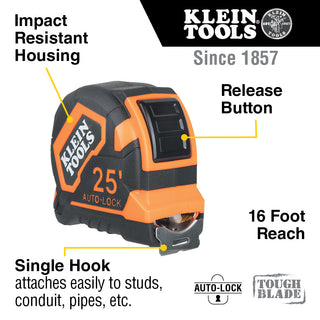 Klein Tools 9125AL Tape Measure, 25-Foot Single-Hook Auto-Lock