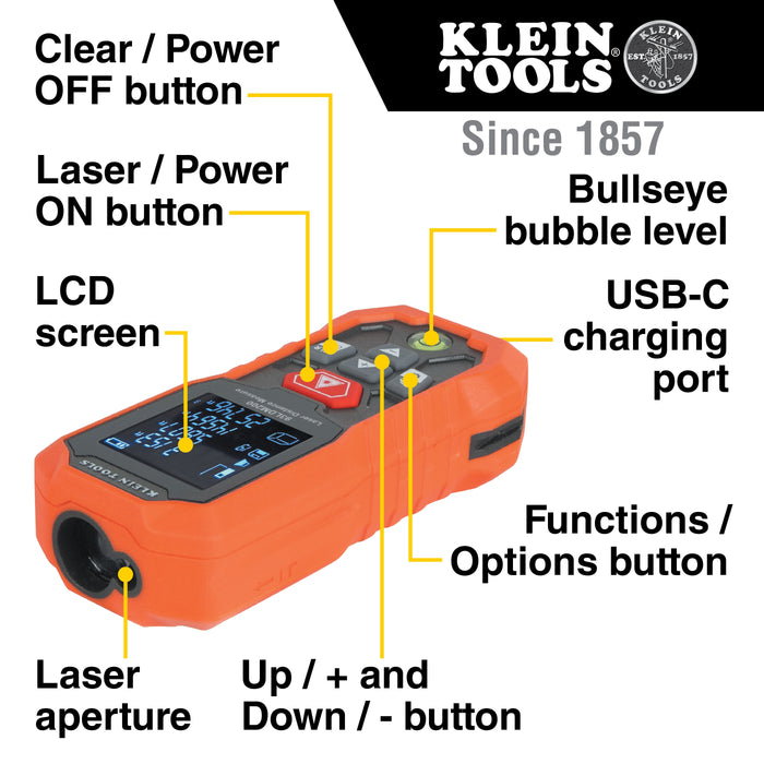 Klein Tool 93LDM200 Laser Distance Measure, 200-Foot