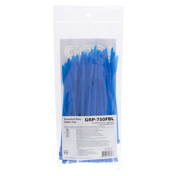 NSI GRP-750FBL 7.5” Fluorescent Blue General Purpose 50lb Cable Ties, 100 Pack