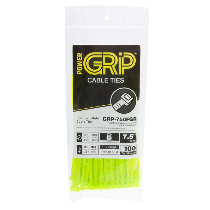 NSI GRP-750FGR 7.5” Fluorescent Green General Purpose 50lb Cable Ties, 100 Pack