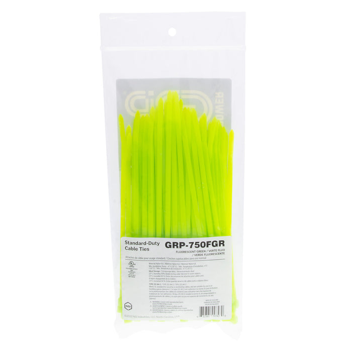 NSI GRP-750FGR 7.5” Fluorescent Green General Purpose 50lb Cable Ties, 100 Pack