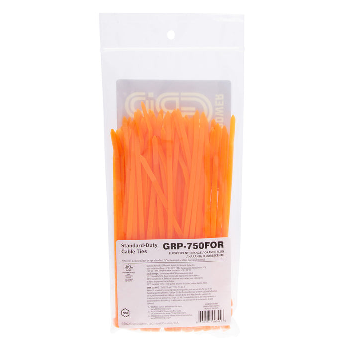 NSI GRP-750FOR 7.5” Fluorescent Orange General Purpose 50lb Cable Ties, 100 Pack