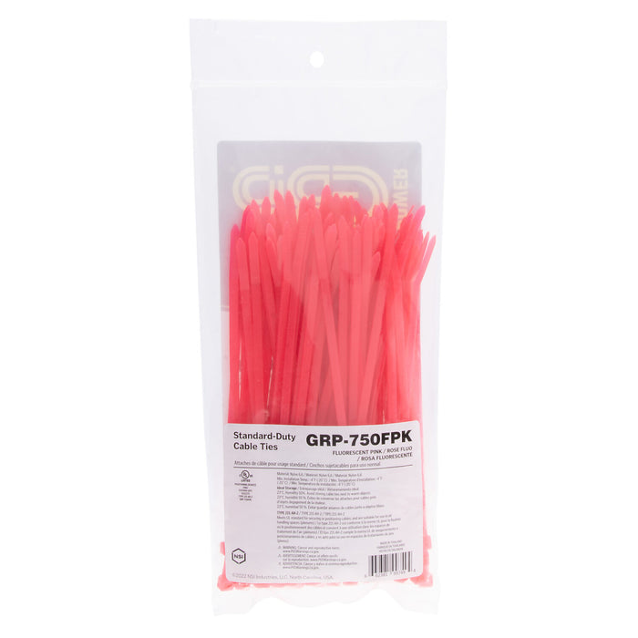 NSI GRP-750FPK 7.5” Fluorescent Pink General Purpose 50lb Cable Ties, 100 Pack