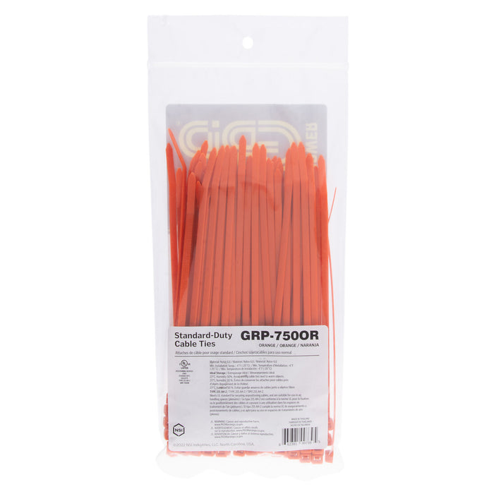 NSI GRP-750OR 7.5” Orange General Purpose 50lb Cable Ties, 100 Pack