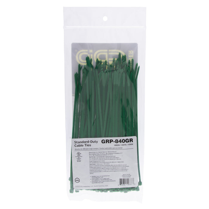 NSI GRP-840GR 8” Green General Purpose 40lb Cable Ties, 100 Pack