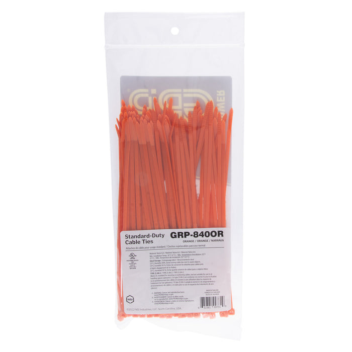 NSI GRP-840OR 8” Orange General Purpose 40lb Cable Ties, 100 Pack