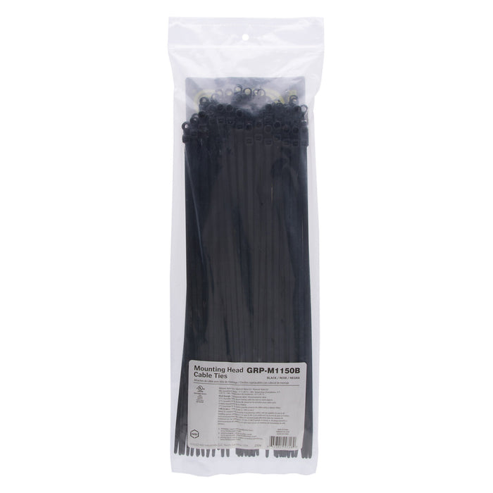 NSI GRP-M1150B 11”, Black Screw Mount 50lb Cable Ties, 100 Pack