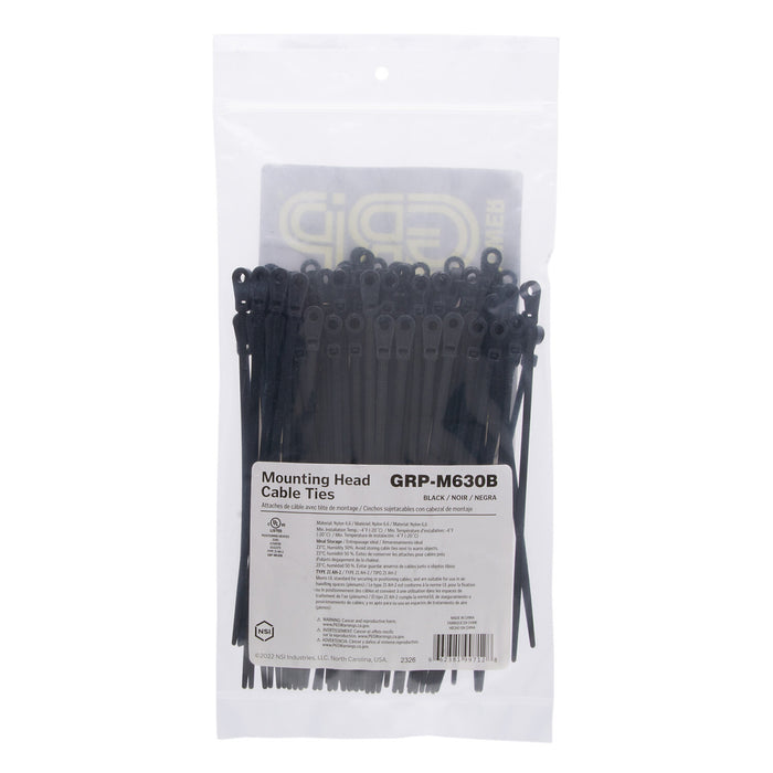 NSI GRP-M630B 6”, Black Screw Mount 30lb Cable Ties, 100 Pack