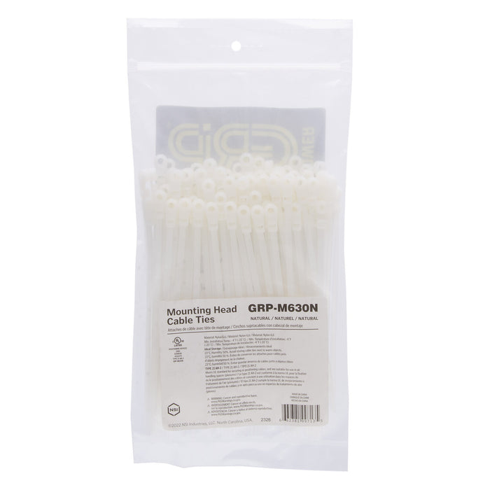 NSI GRP-M630N 6”, Natural Screw Mount 30lb Cable Ties, 100 Pack