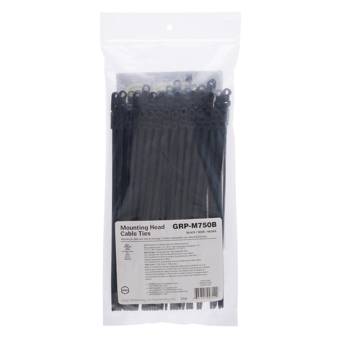 NSI GRP-M750B 7.5”, Black Screw Mount 50lb Cable Ties, 100 Pack