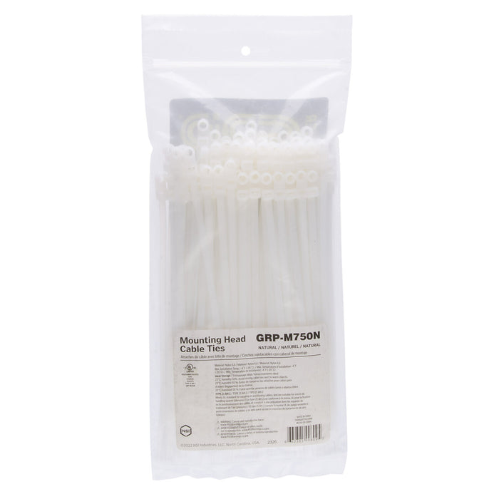 NSI GRP-M750N 7.5”, Natural Screw Mount 50lb Cable Ties, 100 Pack