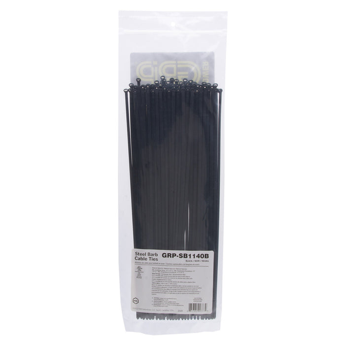 NSI GRP-SB1140B 11”, Black Steel Barb 40lb Cable Tie, 100 Pack