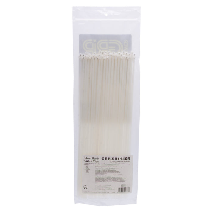 NSI GRP-SB1140N 11”, Natural Steel Barb 40lb Cable Tie, 100 Pack