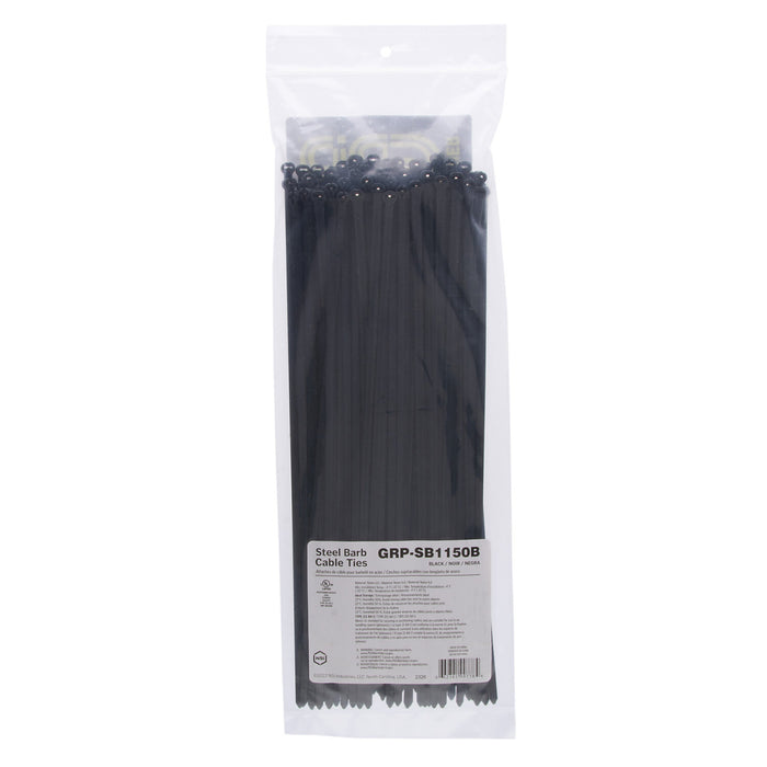 NSI GRP-SB1150B 11”, Black Steel Barb 50lb Cable Tie, 100 Pack