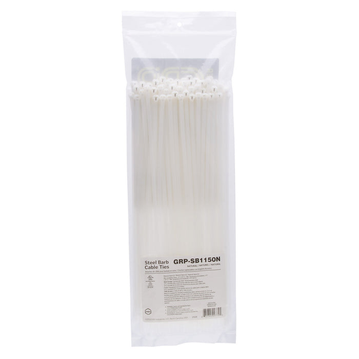 NSI GRP-SB1150N 11”, Natural Steel Barb 50lb Cable Tie, 100 Pack