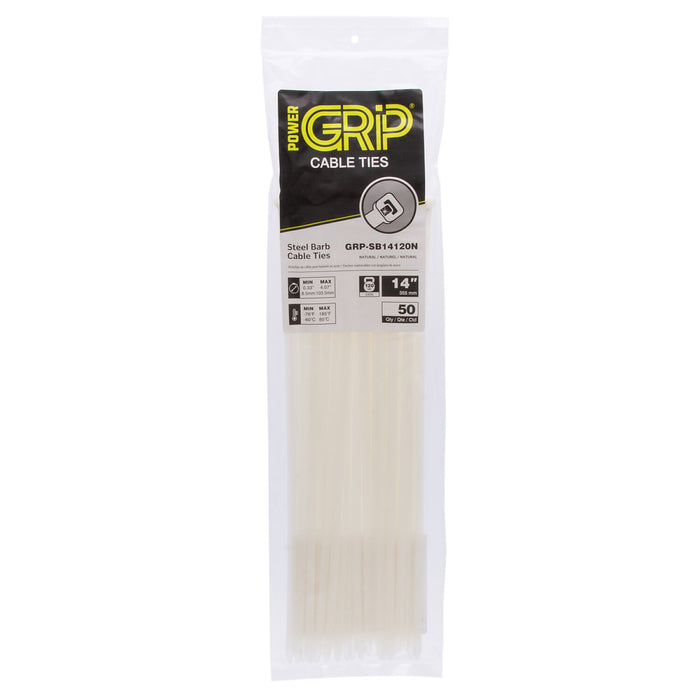 NSI GRP-SB14120N 14”, Natural Steel Barb 120lb Cable Tie, 50 Pack