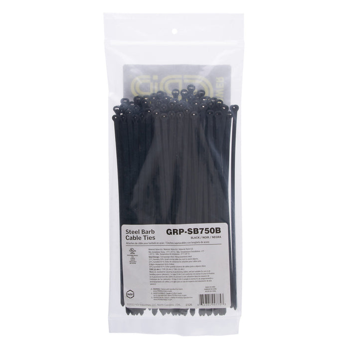 NSI GRP-SB750B 7.5”, Black Steel Barb 50lb Cable Tie, 100 Pack