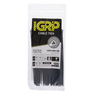 NSI GRP-SB818B 8”, Black Steel Barb 18lb Cable Tie, 100 Pack