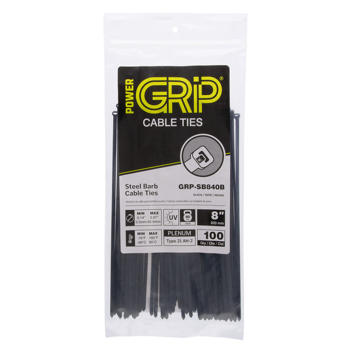 NSI GRP-SB840B 8”, Black Steel Barb 40lb Cable Tie, 100 Pack