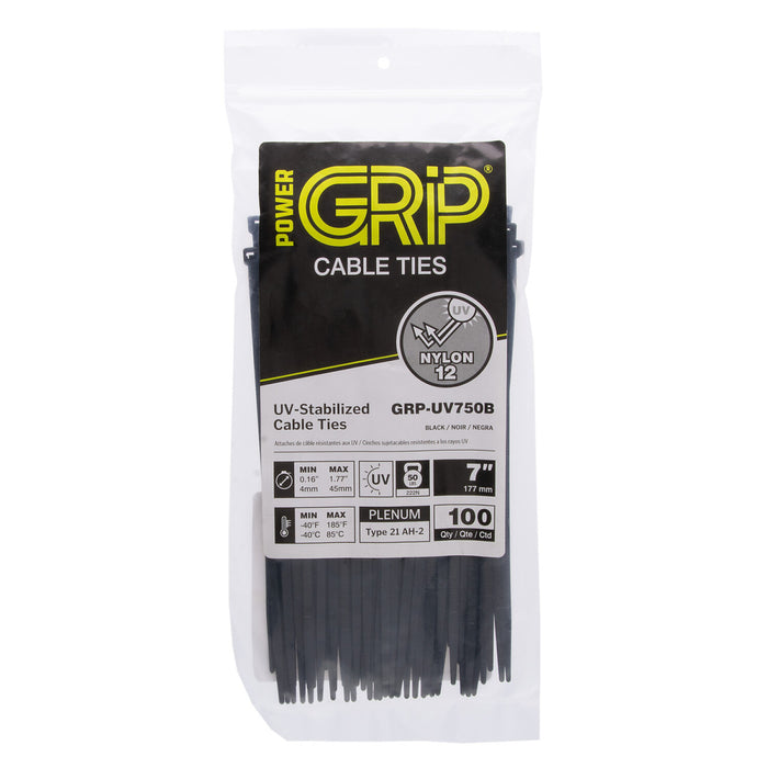 NSI GRP-UV750B 7” Black UV-Stabilized 50lb Cable Ties, 100 Pack