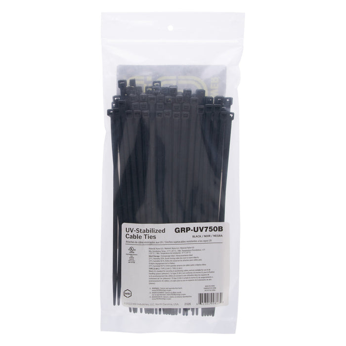 NSI GRP-UV750B 7” Black UV-Stabilized 50lb Cable Ties, 100 Pack